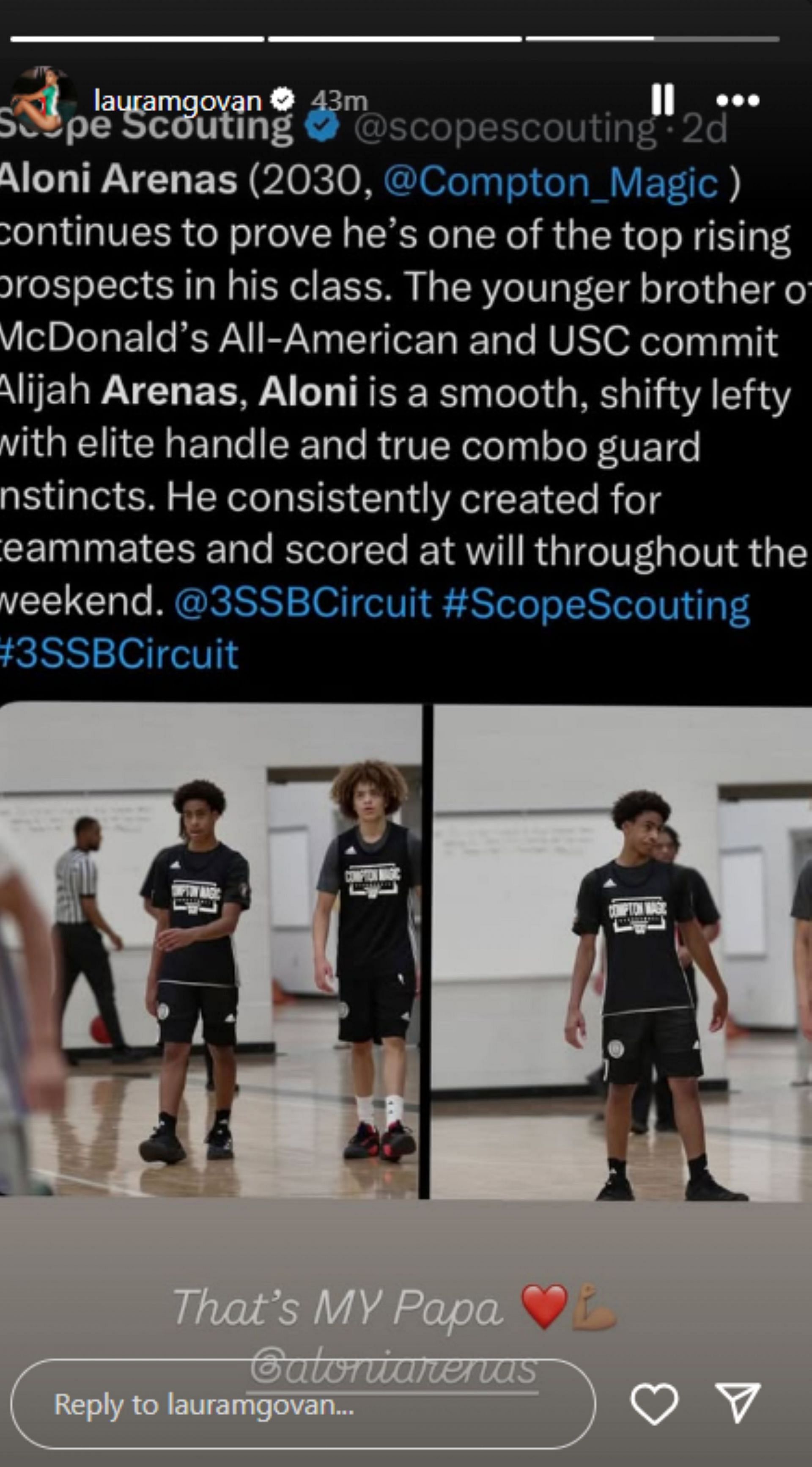 Laura Govan drops 3-word reaction as Aloni Arenas gets recognised as one of the top rising hoopers in his class (Image: IG/lauramgovan)